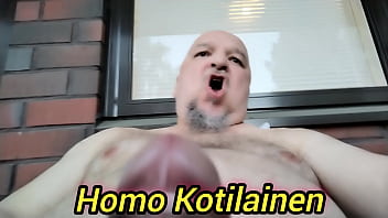 Finnish gay Homo Kotilainen jerking and cumming on his balcony in Kuopio.