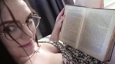 Nerdy girl blows her hung stepbrother and takes his big pecker