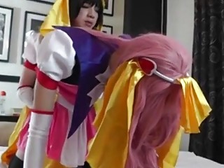 Two cute shemale babes who love cosplay tease each other