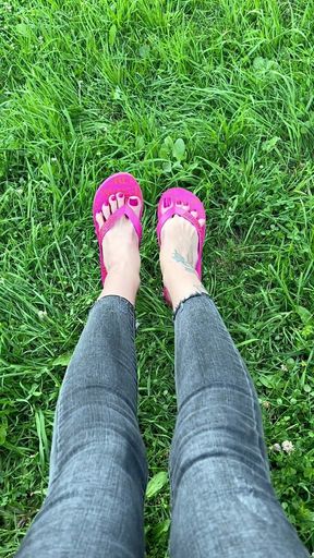 My New Pink Flip Flops and My Feet with Pink Toenails Polish