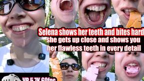 VR 3D 5,7K | Selena bares her teeth and bites down hard on chew bars for you so you can see her teeth marks, she bites with her mouth open and swallows them right in front of your nose.