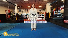 Bella Karateka white gi karate warm up, POV and bag kicking action