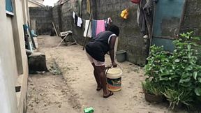 Two friends with huge dicks fuck a housemaid doing chores outside while neighbors are away