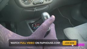 Nyllady's Footjob to Gearshift and Wheel in Patterned Pantyhose