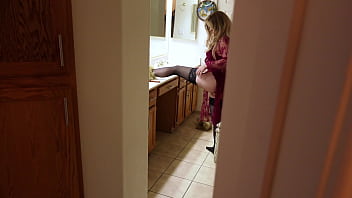 Stepmom prepares for bed while stepson watches and masturbates until he is caught and she lets him put it in