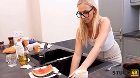 STUCK4K  Lucky stud fucks female friend's tight pussy in the kitchen
