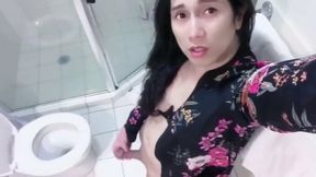 asian shemale pissing and masturbating her cock and cum