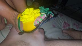 Stepmom in Bright Flip-flops in Bed with Her Stepson