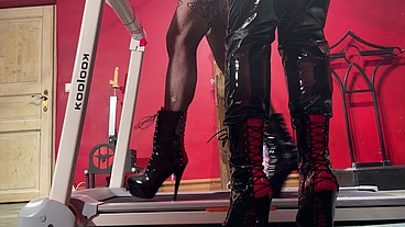 Sissy high heel walking training on a treadmill 2
