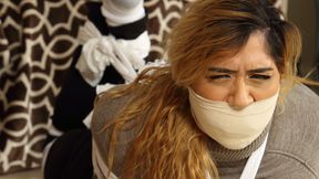 College Co Ed Olivia Torn Sheet Bound, Massively Gagged & Blindfolded in: Bondage Games Gone Wrong! RE ENCODE 2025