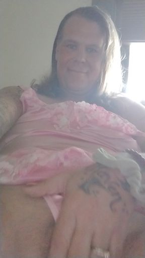 Shemale Pink Lace Trans Girl Cock Stroking