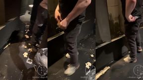 in a club, boy enters the toilets, opens a cubicle and catch a guy about to pee.