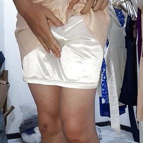 Cum wearing woman formal dress with silky lining