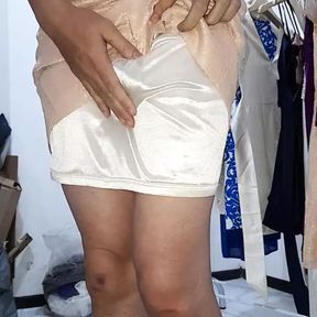 Cum wearing woman formal dress with silky lining