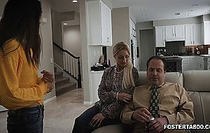 Asian teen gets a 3some fuck lesson with new foster parents