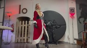 Sadistic Santa Mama punishes bad boys - pov - with leather gloves, riding crop and high heel boots