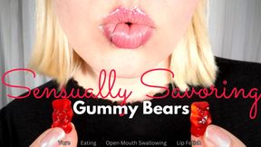 Sensually Savoring Gummy Bears - HD - Vore Talk, Open Mouth Swallowing, Candy Eating, Glossy Lips, Pink Tongue