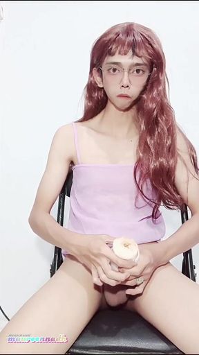 Asian Nerd Skinny Shemale CD Masturbating with Fake Vagina