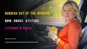 Parked Up in My Car in Orange Satin & PVC Leggings – Smoking 100s While Throwing Rubbish Out the Window in Public – Zero Shame & British Attitude Throughout - Miss Lulu Leather - MP4 HD