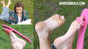 Amelia's pink flip-flops, feet, and soles in the park - Video update 13307 HD