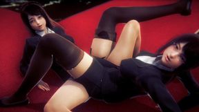 Lesbian scissor in office lobby with uniform