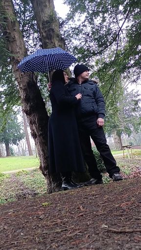 Muslim woman plays and blows a large cock outside in the park