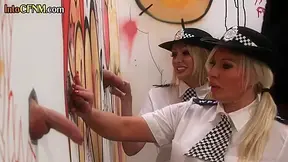 CFNM group of amateur police ladies tugging gloryhole cocks