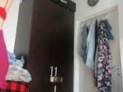 Sexy wife has fun trying on clothes and cutting them. Brunette dances naked around the house.