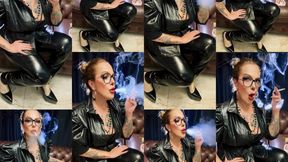 Custom Darkside - Power Smoking - The Leather Queen - Red Marlboro - A few puffs in your face, Smoker's cough, Cough with smoke residue, Residual exhales, Smoke rings, Deep Inhales, Nose exhales, Puffs, Long drag, Leather blouse, vinyl pants , High heels,