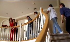 Busty whore gets fucked hard by studs and eats cum off a plate