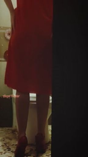 I saw at a party how girl in a red dress pissing in the toilet.