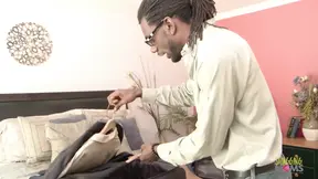 Curvy blonde babe gives a black guy a blowjob before having sex with him