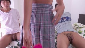 Japanese girl coming back from classes gets facialized and creampied in threeway