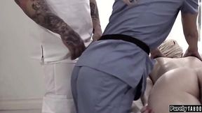Cockhold watches teen babe suck masseuse's dick