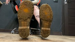 Muddy DrMartens soles on My slaves face, spitting and shaking ashes into his mouth