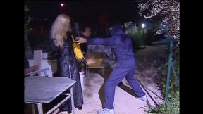 Blond horny MILF fucked on the sofa by masked man