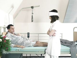 Teen nurses screw old grandpapa in a fake hospital bed and give sloppy oral pleasure
