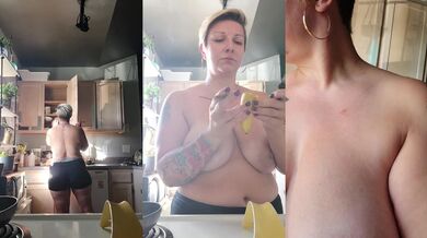 I cook breakfast with my huge tits out, smoking a blunt