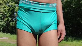 Femboy Flops Huge Cock in Tight Gym Shorts Outdoor Cum Gush