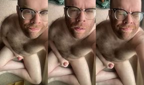 Bear Matt smiles, moans, and groans while stroking a clean juicy load out of his proud little pecker