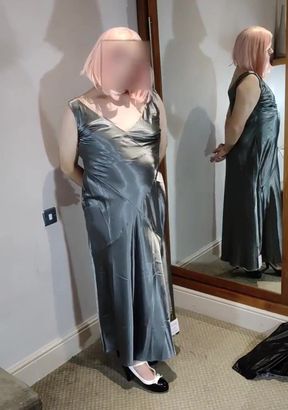 Hot sexy crossdresser in full length satin gown