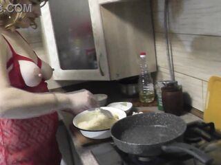 mother I'd like to fuck sexy mama Frina proceeds her nude cooking. In erotic kitchen in transparent peignoir no pants in nylons Mother I'd Like To Fuck will cook potato pancakes this day