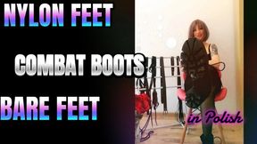 Lady Angela POLISH LANGUAGE smelly combat boots black nylon stockings bare feet