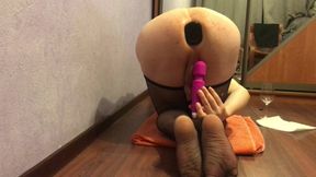 Plugged Sissy in Fishnets Plays with A Vibrator and Swallows Her Cum