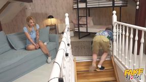 Fake Hostel - Cute Dominno Climbs On Top Of Steve & Rides His Cock Until He Cums On Her Huge Tits
