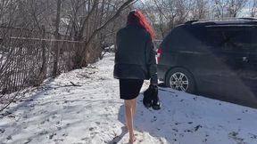 The girl was so chafed by her shoes that she had to take them off and walk barefoot (reupload)
