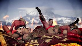 Four busty gorgeous women having hot lesbian sex in hell.