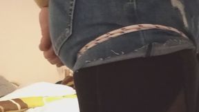 Crossdresser tied in shorts jeans