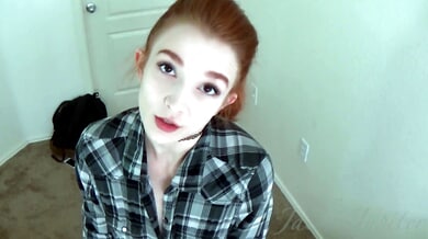 Tattooed redhead babysitter Jackie Marie plays with herself then takes a man deep