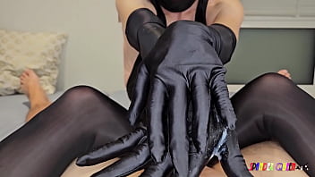 SpandexQueen comes twice and jerks him off on her black spandex gloves